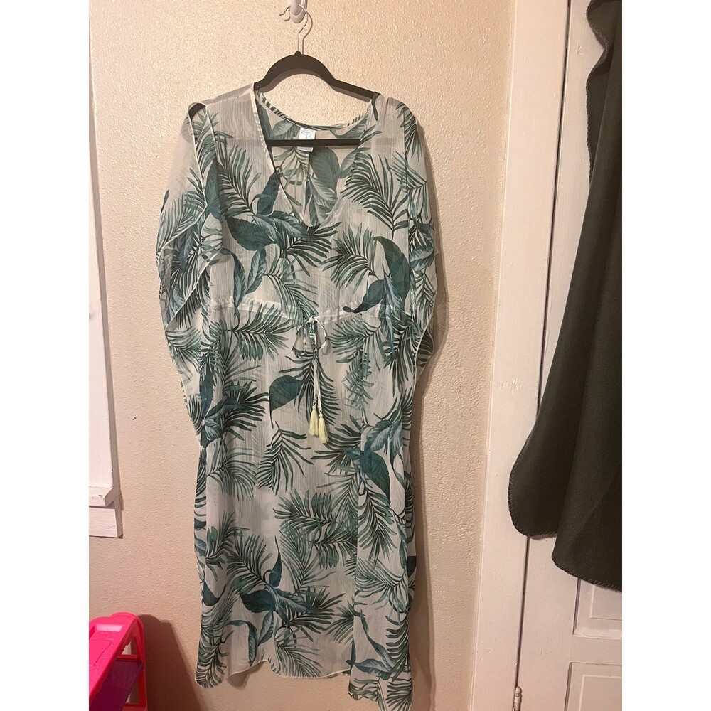 Kona Sol Palm Sheer Kaftan Cover up Midi dress Size L